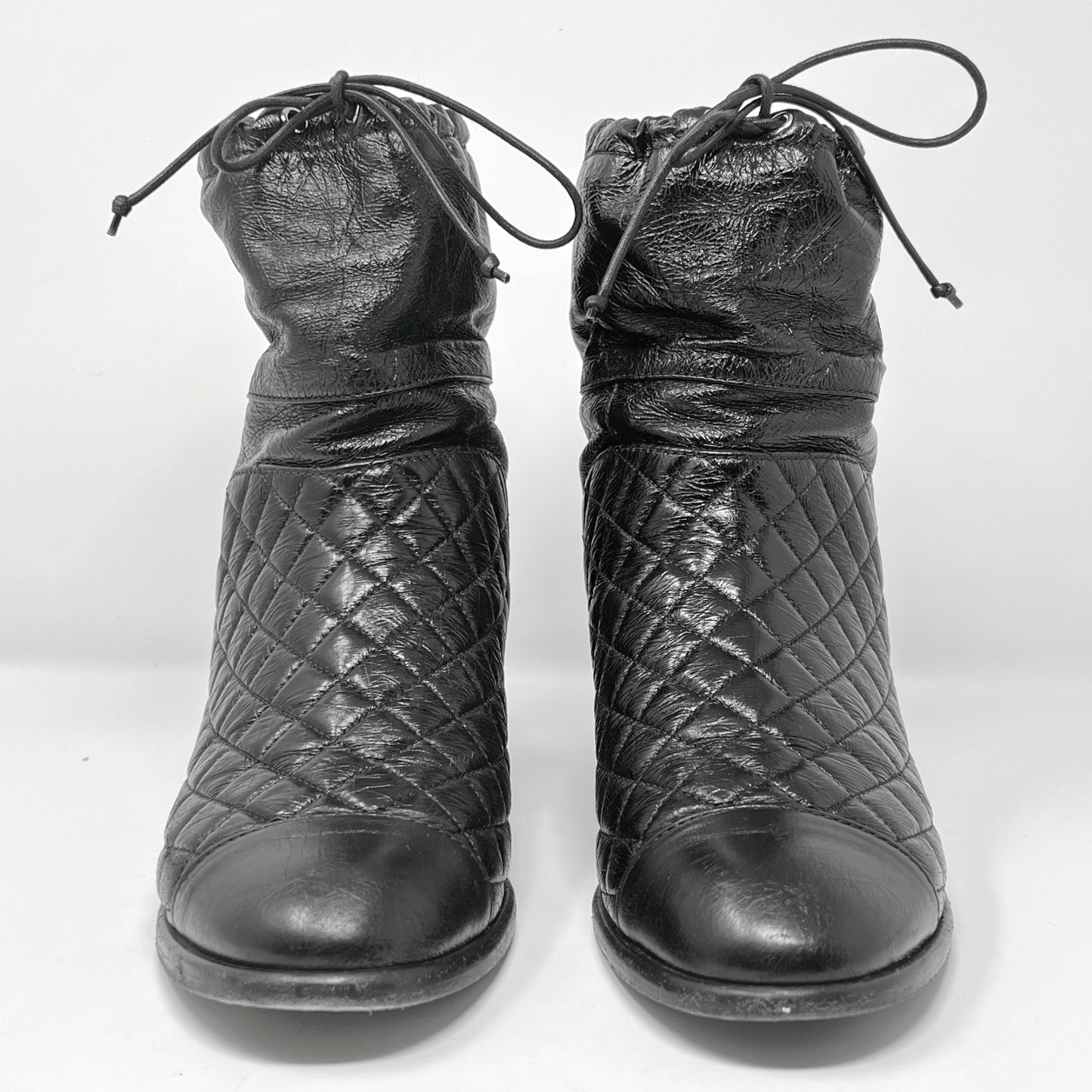 Chanel Black Matelasse Quilted Patent Leather Cap Toe Block Heel Mid Calf Boots Size EU 40