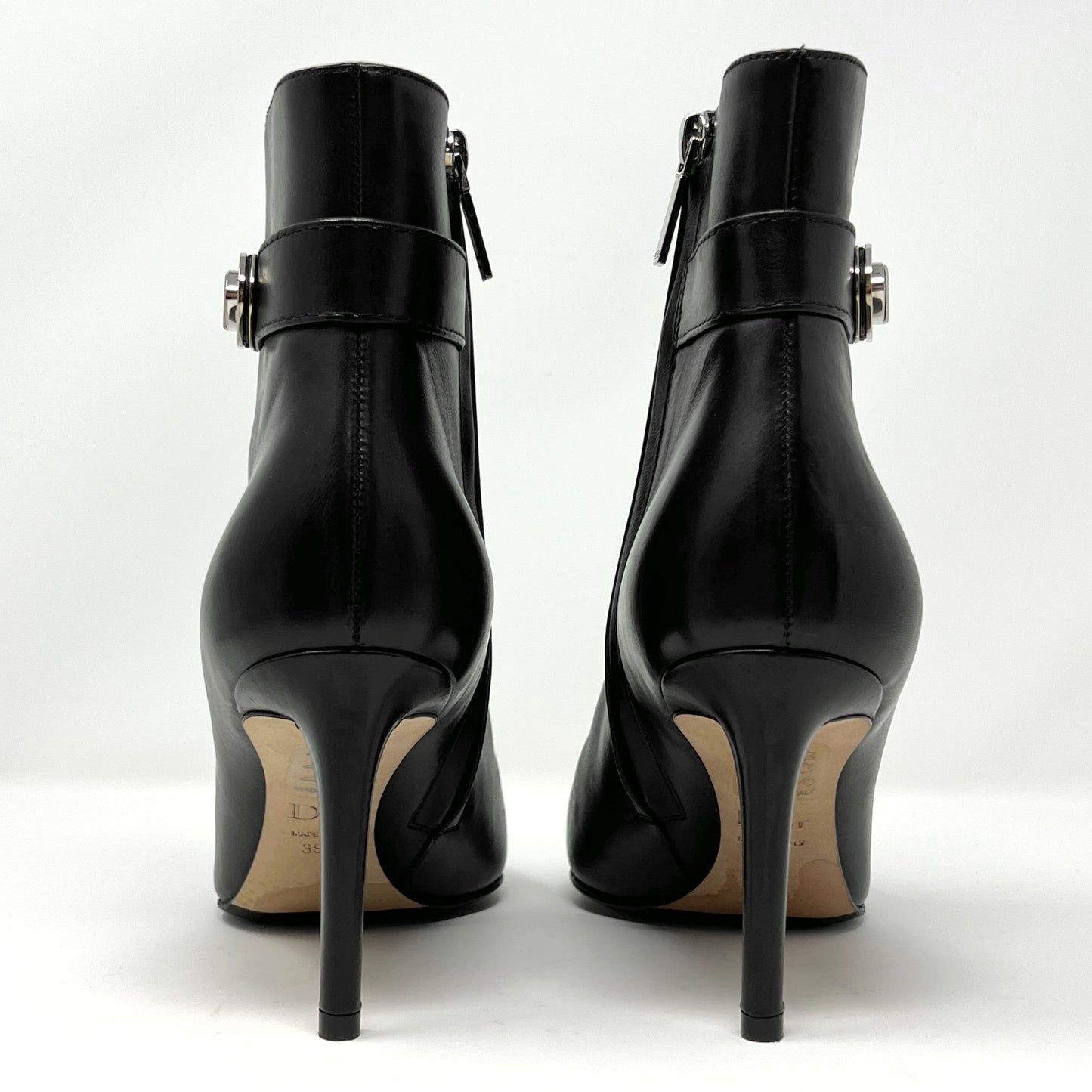 Christian Dior Black Leather Almond Round Toe Silver Buckle Heels Ankle Boots Size EU 39.5