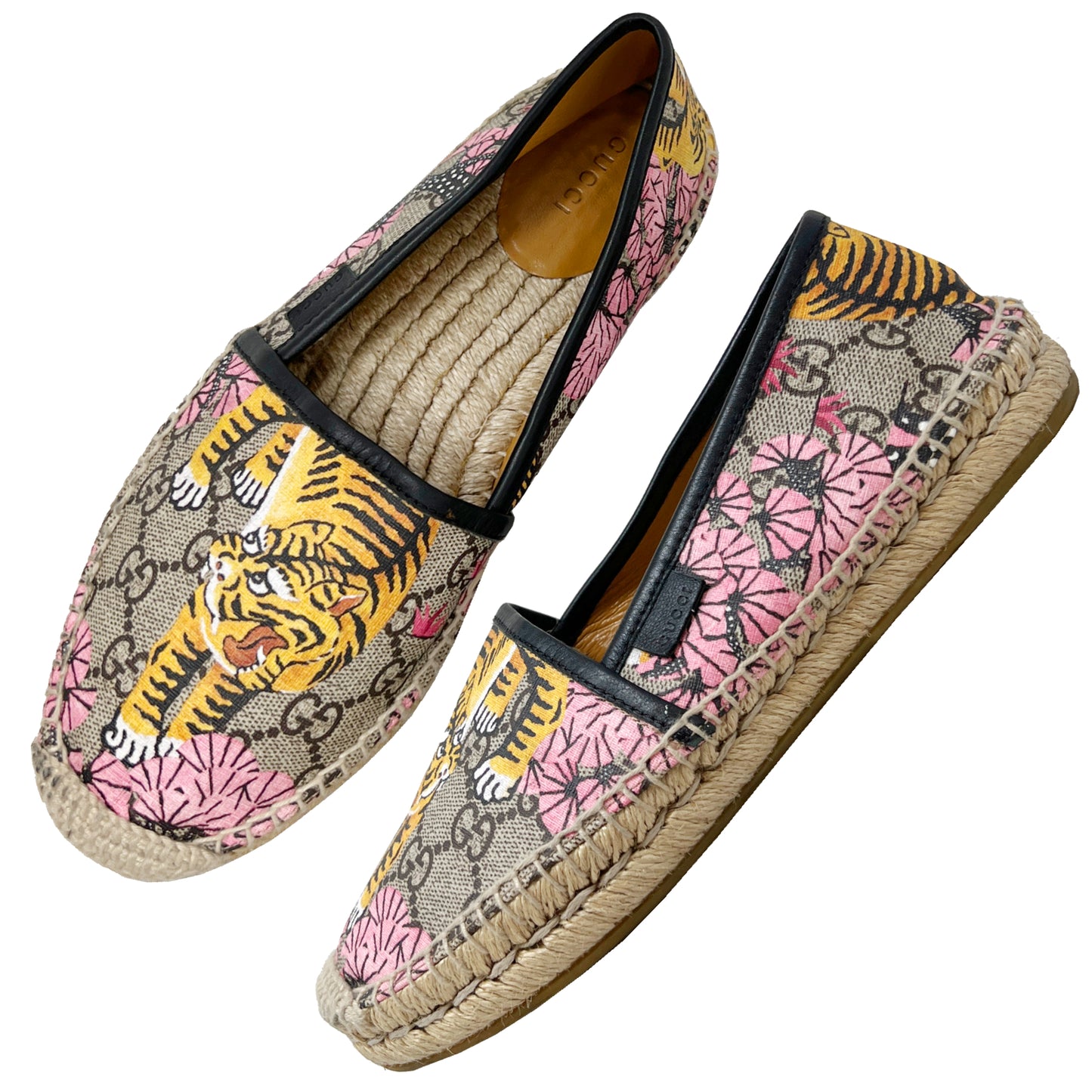 Gucci Bengal Tiger Floral Supreme Monogram Canvas Round Toe Espadrilles Flats Size EU 37.5