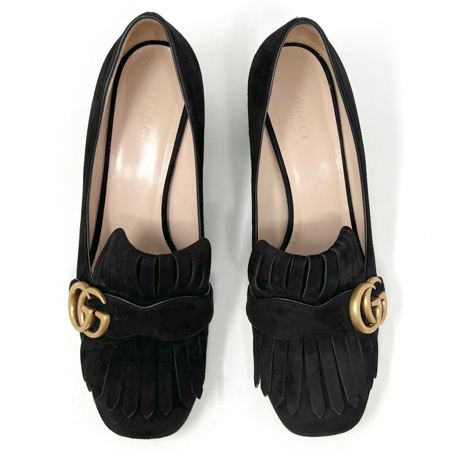 Gucci Black Suede Marmont GG Gold Logo Kiltie Fringe Block Heel Loafers Heels Size EU 39