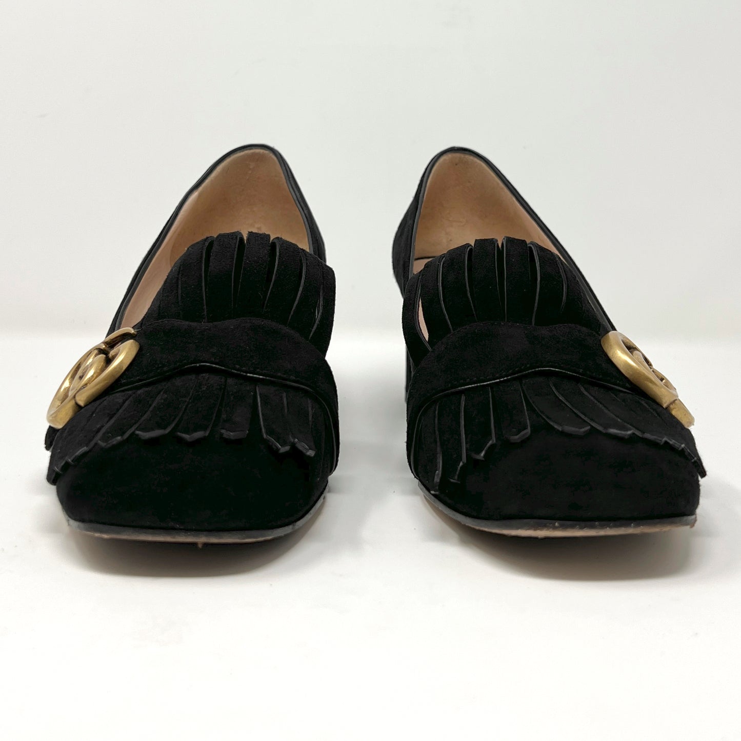 Gucci Black Suede Marmont GG Gold Logo Kiltie Fringe Block Heel Loafers Heels Size EU 39