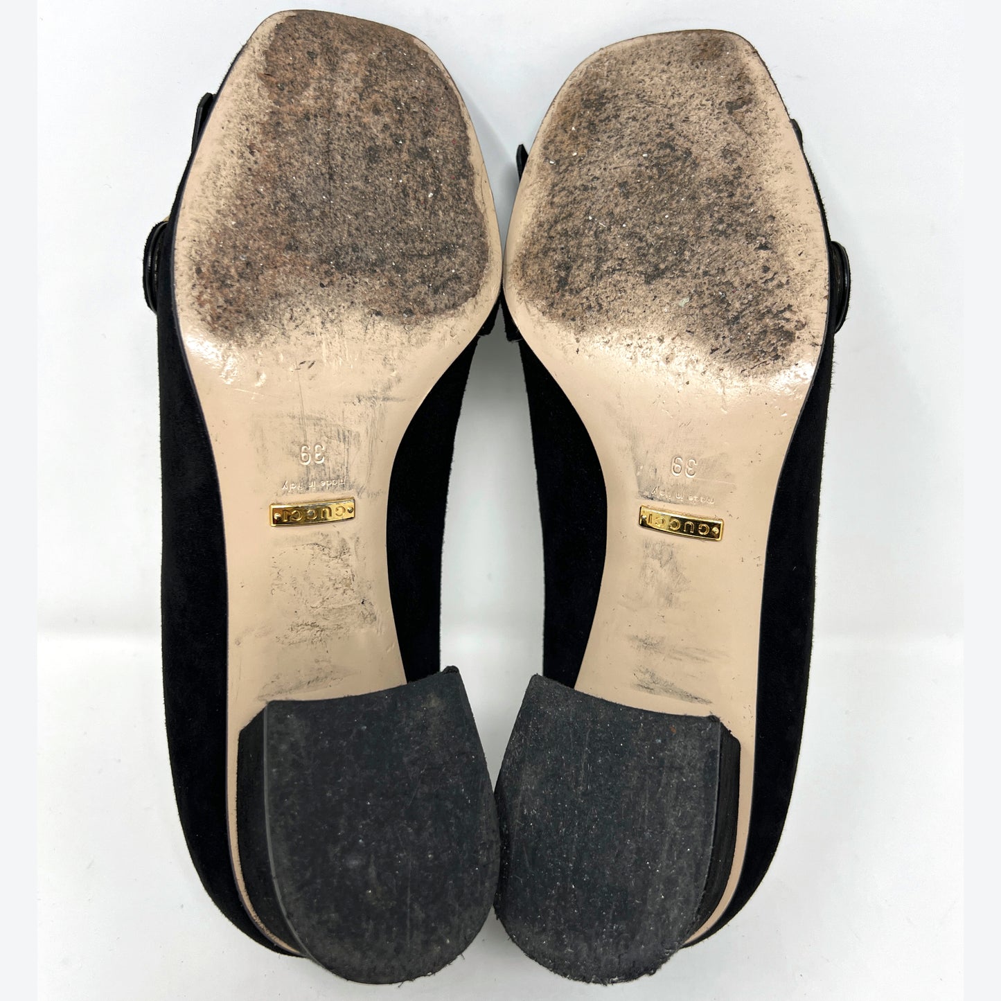 Gucci Black Suede Marmont GG Gold Logo Kiltie Fringe Block Heel Loafers Heels Size EU 39