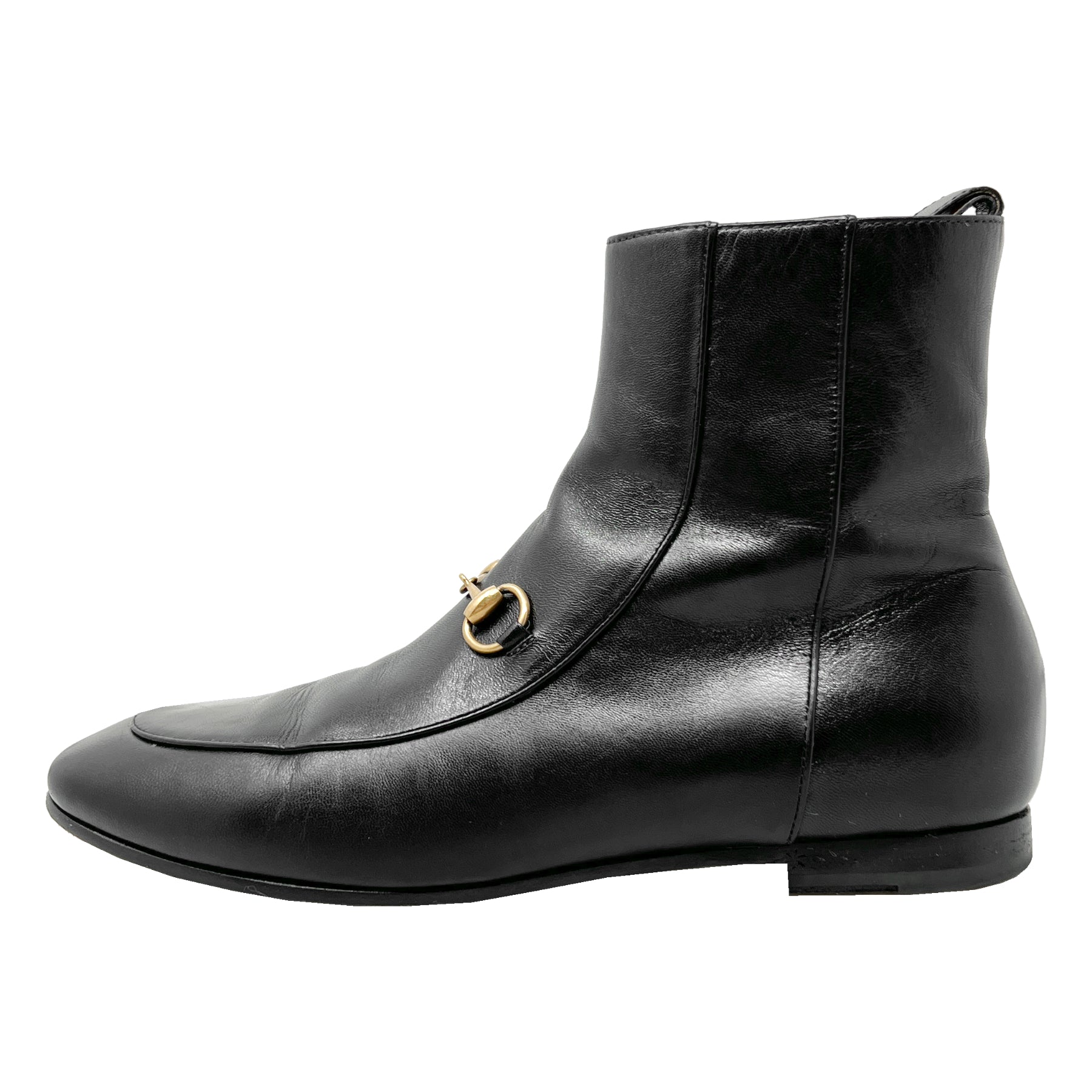 Gucci Jordaan Horsebit Black Leather Round Toe Zip Up Flat Ankle Boots The Global Collective Co