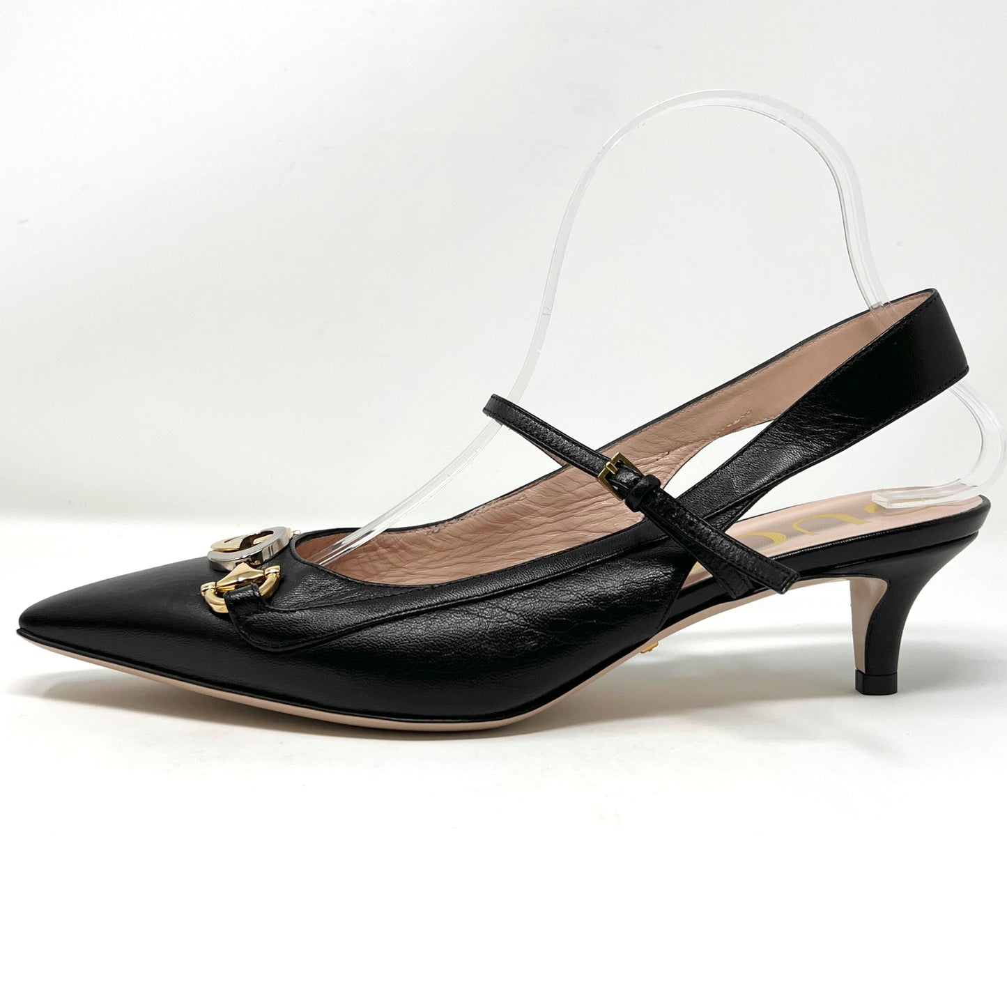 Gucci Zumi Interlocking Logo Black Leather Pointed Toe Low Heels Slingback Pumps Size EU 38