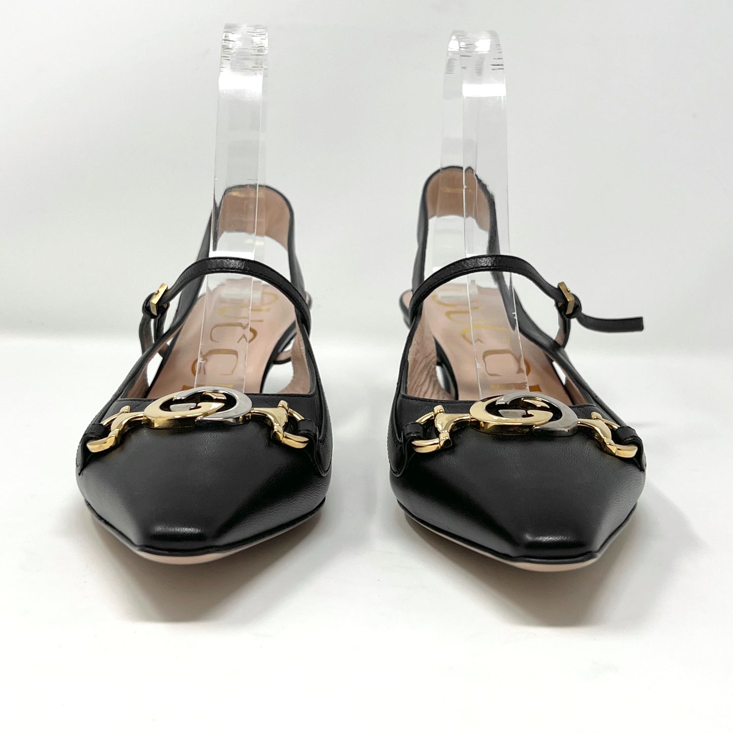 Gucci Zumi Interlocking Logo Black Leather Pointed Toe Low Heels Slingback Pumps Size EU 38