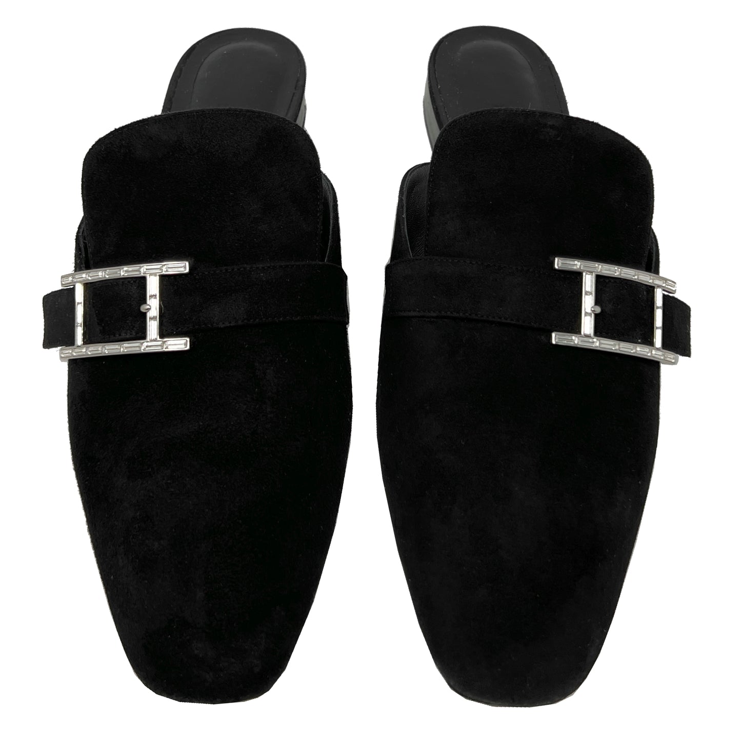 Hermes Black Suede Goat Leather Beauty Crystal "H" Logo Loafer Mules Flats Size EU 37.5