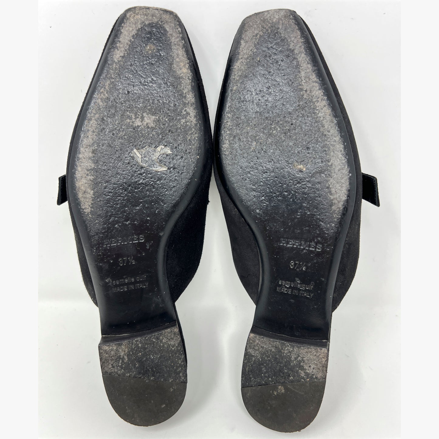 Hermes Black Suede Goat Leather Beauty Crystal "H" Logo Loafer Mules Flats Size EU 37.5