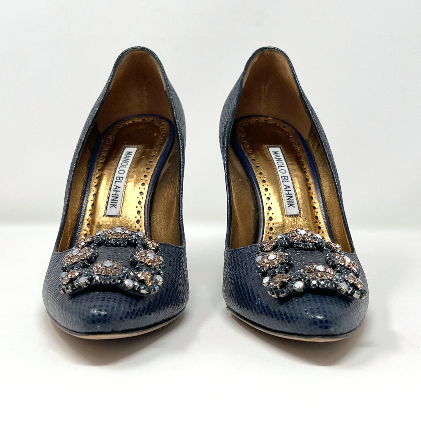 Manolo Blahnik Hangisi Blue Snakeskin Embossed Leather Crystal Buckle Pumps Size EU 36.5