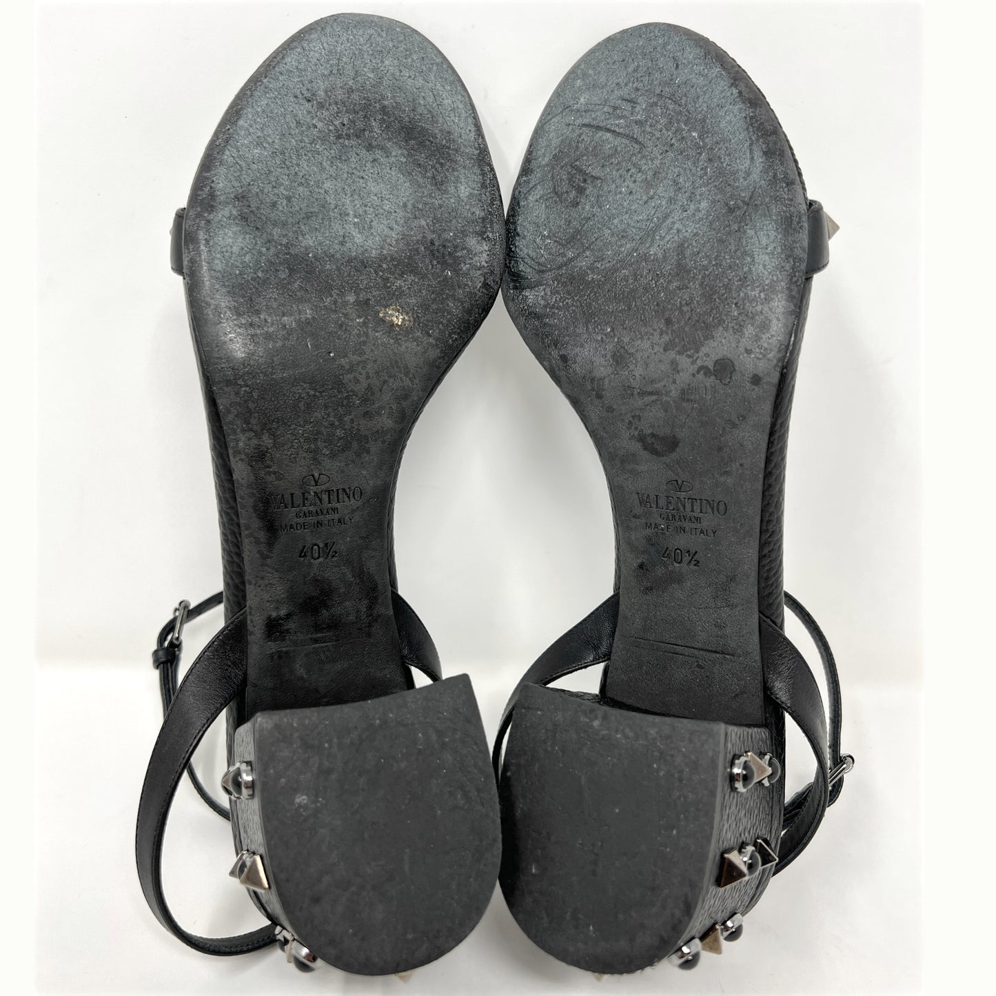 Valentino Black Textured Pebbled Leather Rolling Rockstud Block Heel Sandals Size EU 40.5