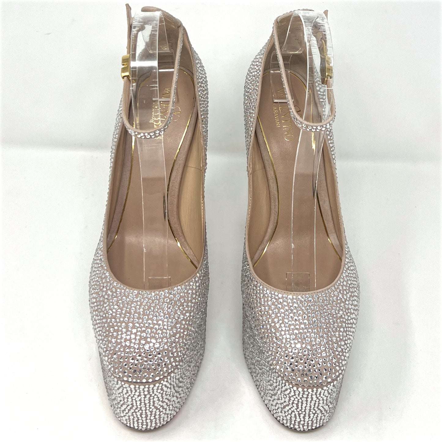 Valentino Tan-Go Crystal Embellished Suede Round Toe Ankle Strap Platform Pumps