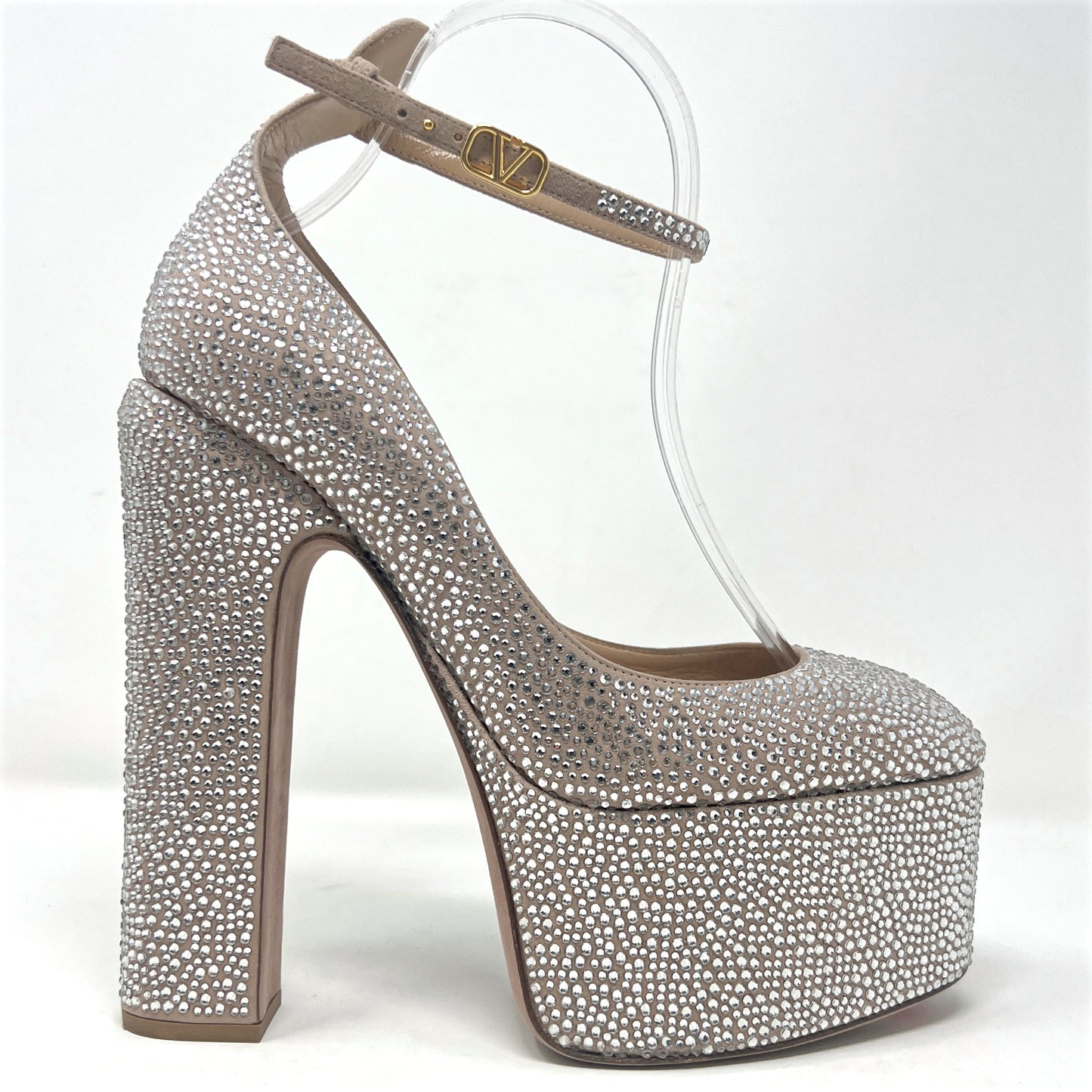 Valentino Tan-Go Crystal Embellished Suede Round Toe Ankle Strap Platform Pumps
