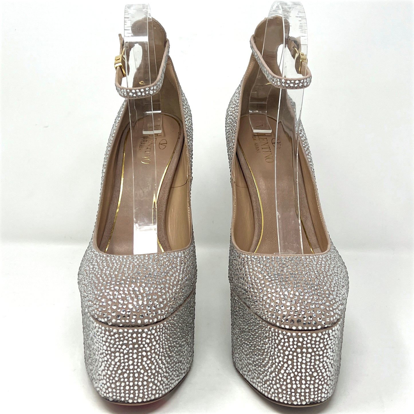 Valentino Tan-Go Crystal Embellished Suede Round Toe Ankle Strap Platform Pumps