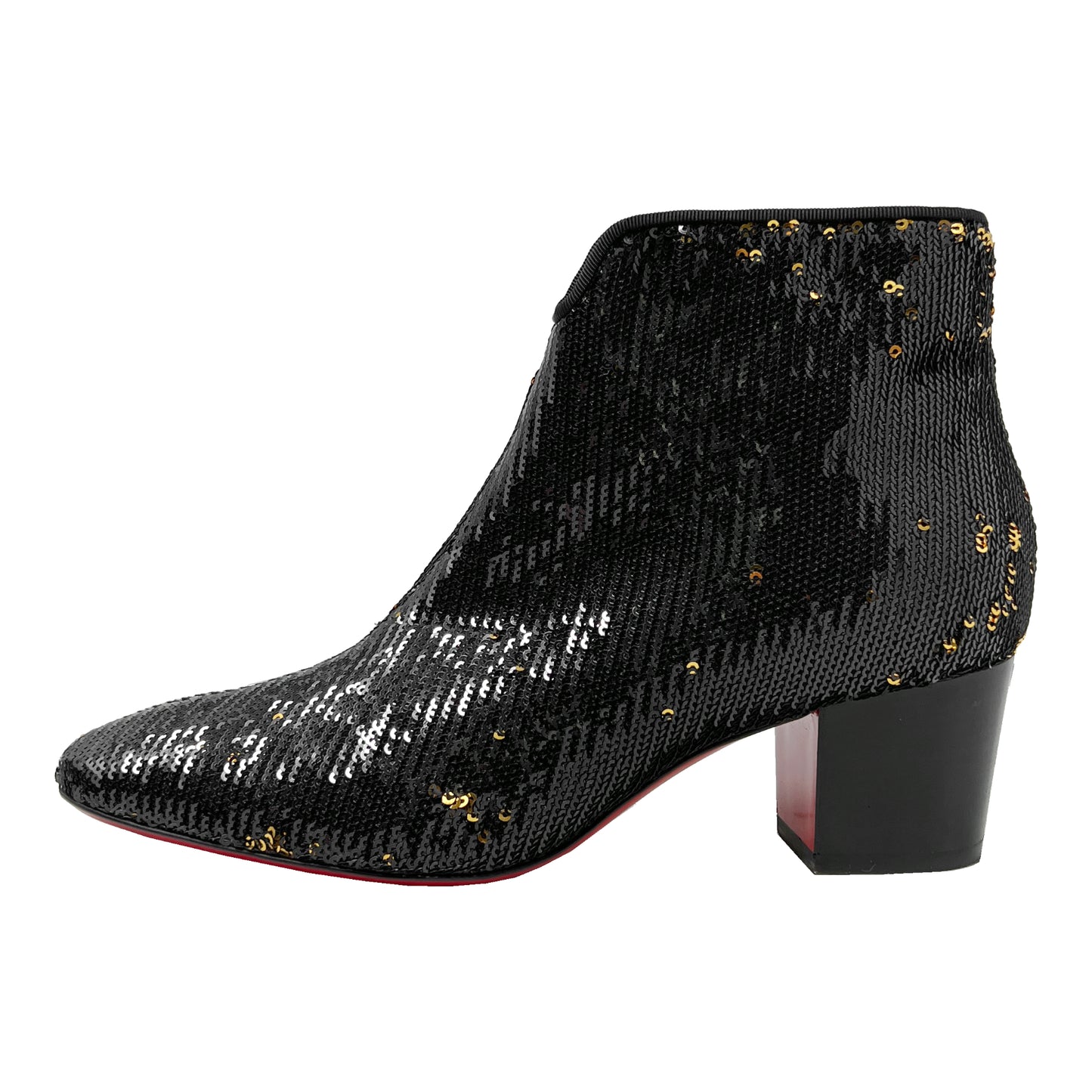 Christian Louboutin Disco Black Gold Sequins Paillettes Leather lined Block Heels Ankle Boots