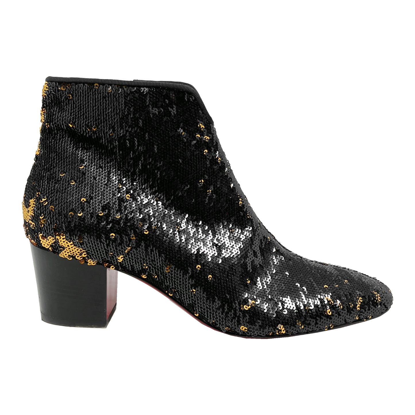 Christian Louboutin Disco Black Gold Sequins Paillettes Leather lined Block Heels Ankle Boots