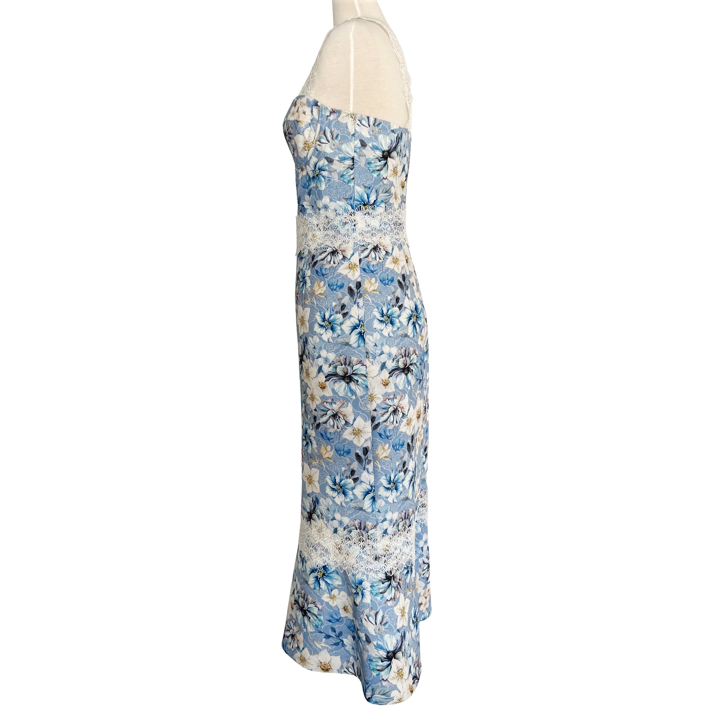 Bronx and Banco Yana Blue Floral Print Lace Trimmed Bustier Fitted Midi Dress