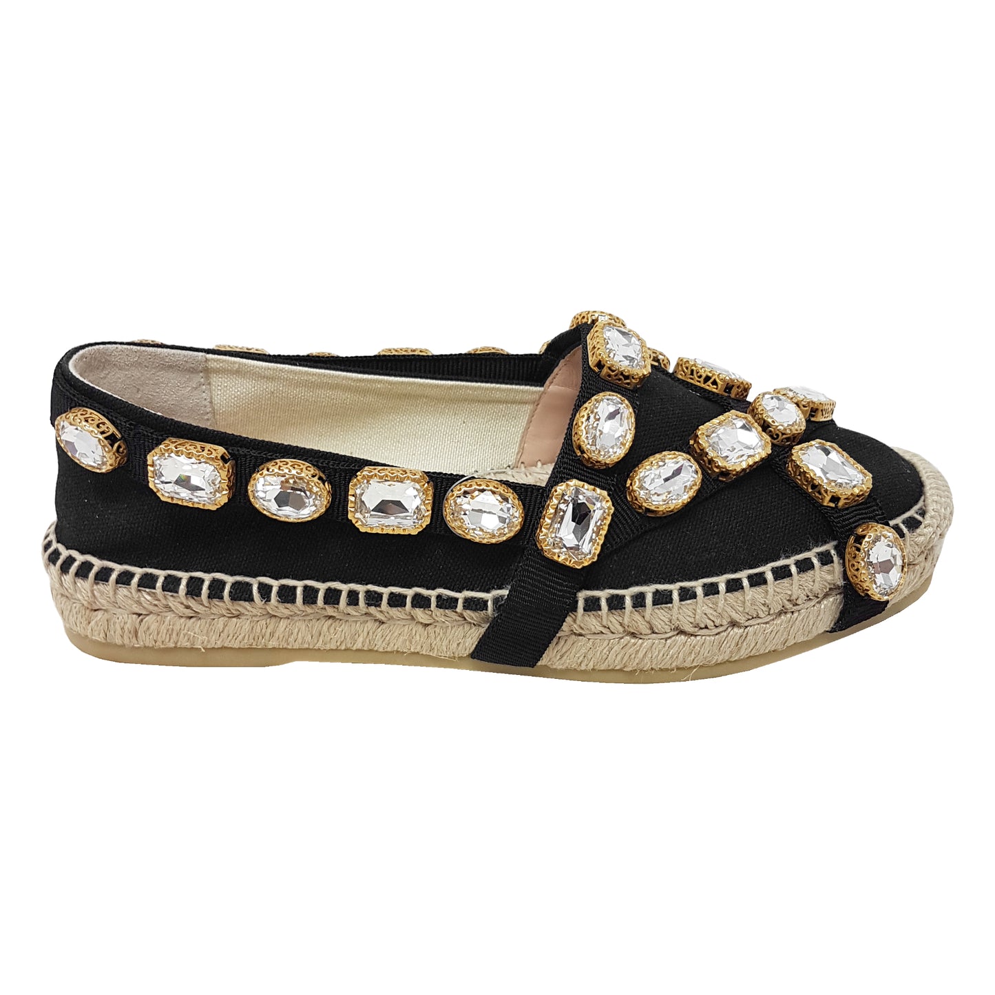 Gucci Black Fabric Crystal Embellished Round Toe Pepita Espadrille Flats