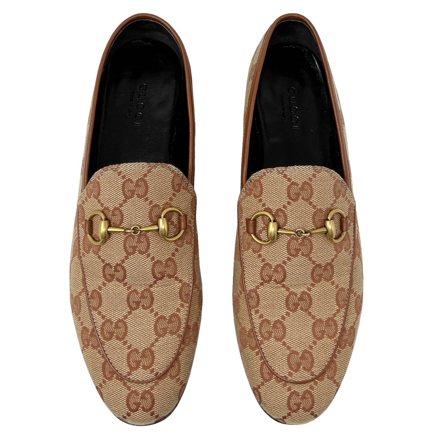 Gucci Jordaan Supreme Brown Monogram Canvas Leather Trim Loafers