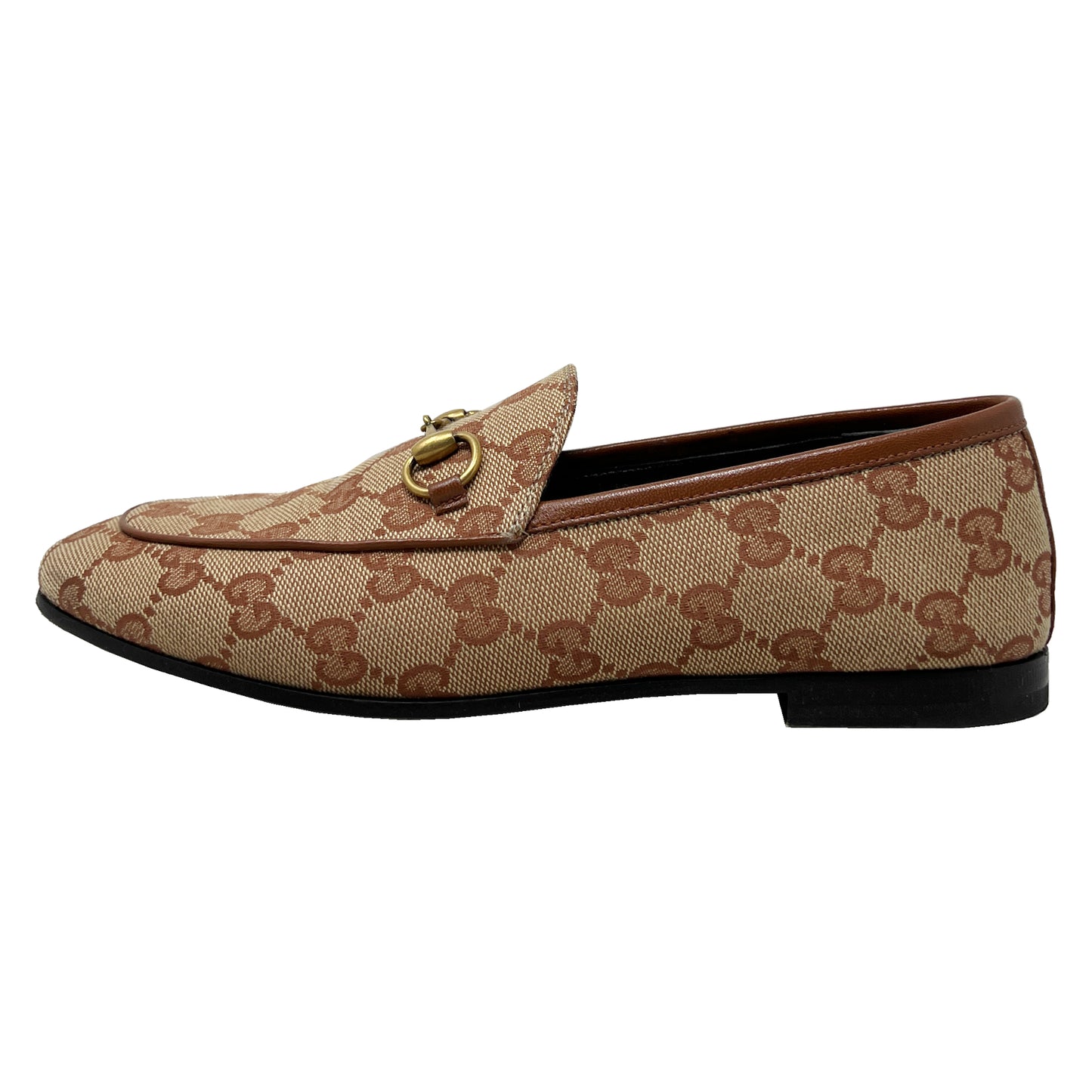 Gucci Jordaan Supreme Brown Monogram Canvas Leather Trim Loafers