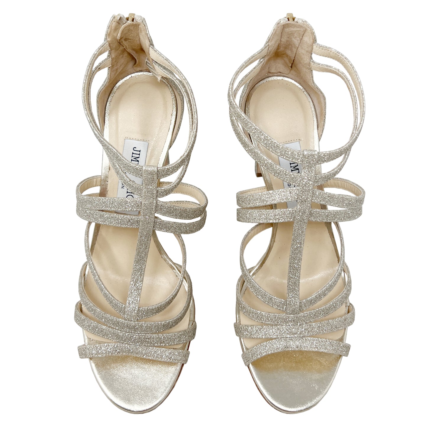 Jimmy Choo Selina Gold Metallic Glitter Champagne Caged Strappy High Heel Sandals