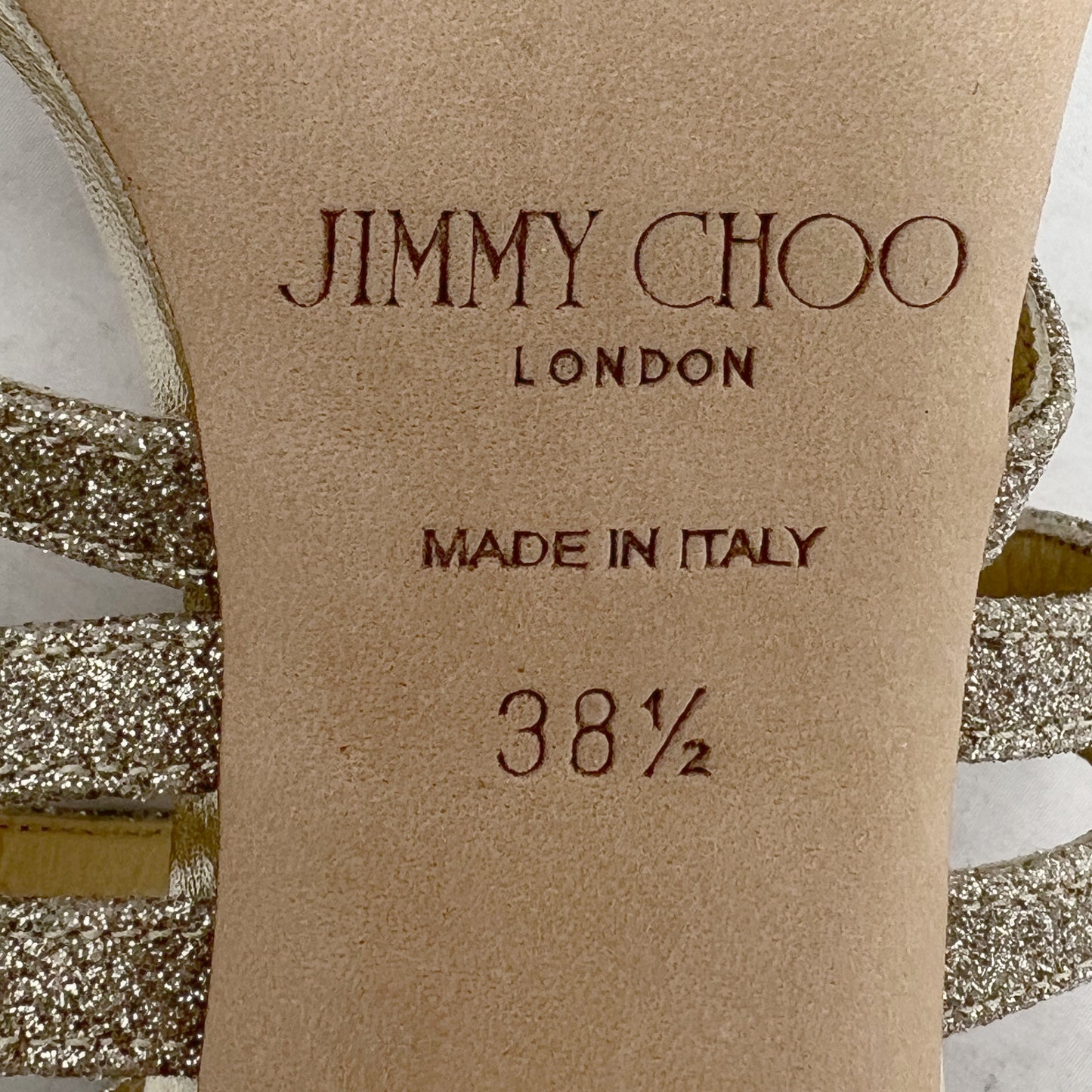 Jimmy Choo Selina Gold Metallic Glitter Caged Sandals Size EU 38.5