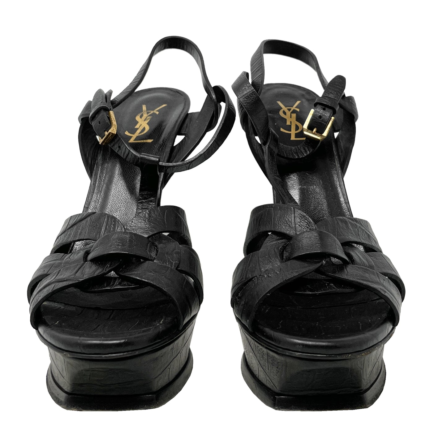 Saint Laurent Tribute 120 Black Embossed Leather Platform Sandals Size EU 40.5