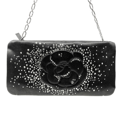 Chanel Camellia Black Satin Swarovski Crystal Embellished Strass Clutch Bag