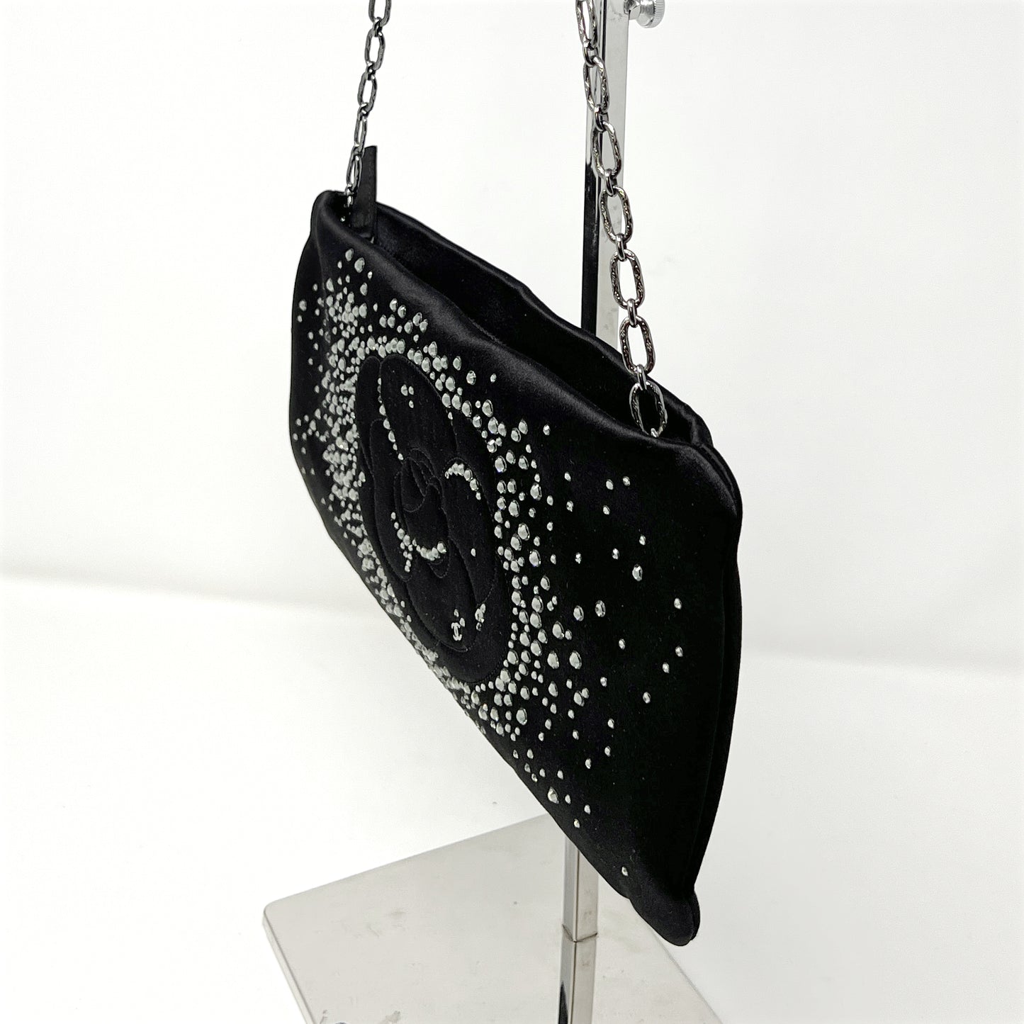 Chanel Camellia Black Satin Swarovski Crystal Embellished Strass Clutch Bag