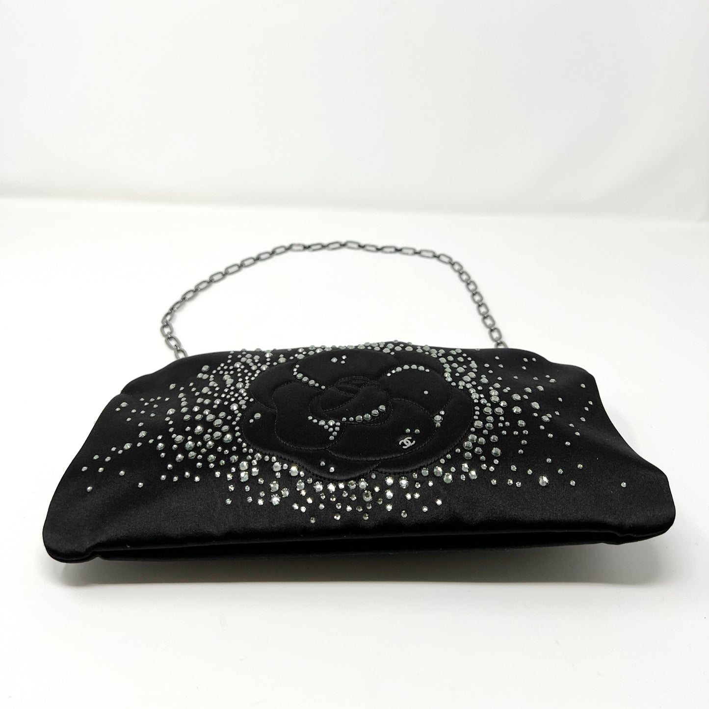 Chanel Camellia Black Satin Swarovski Crystal Embellished Strass Clutch Bag