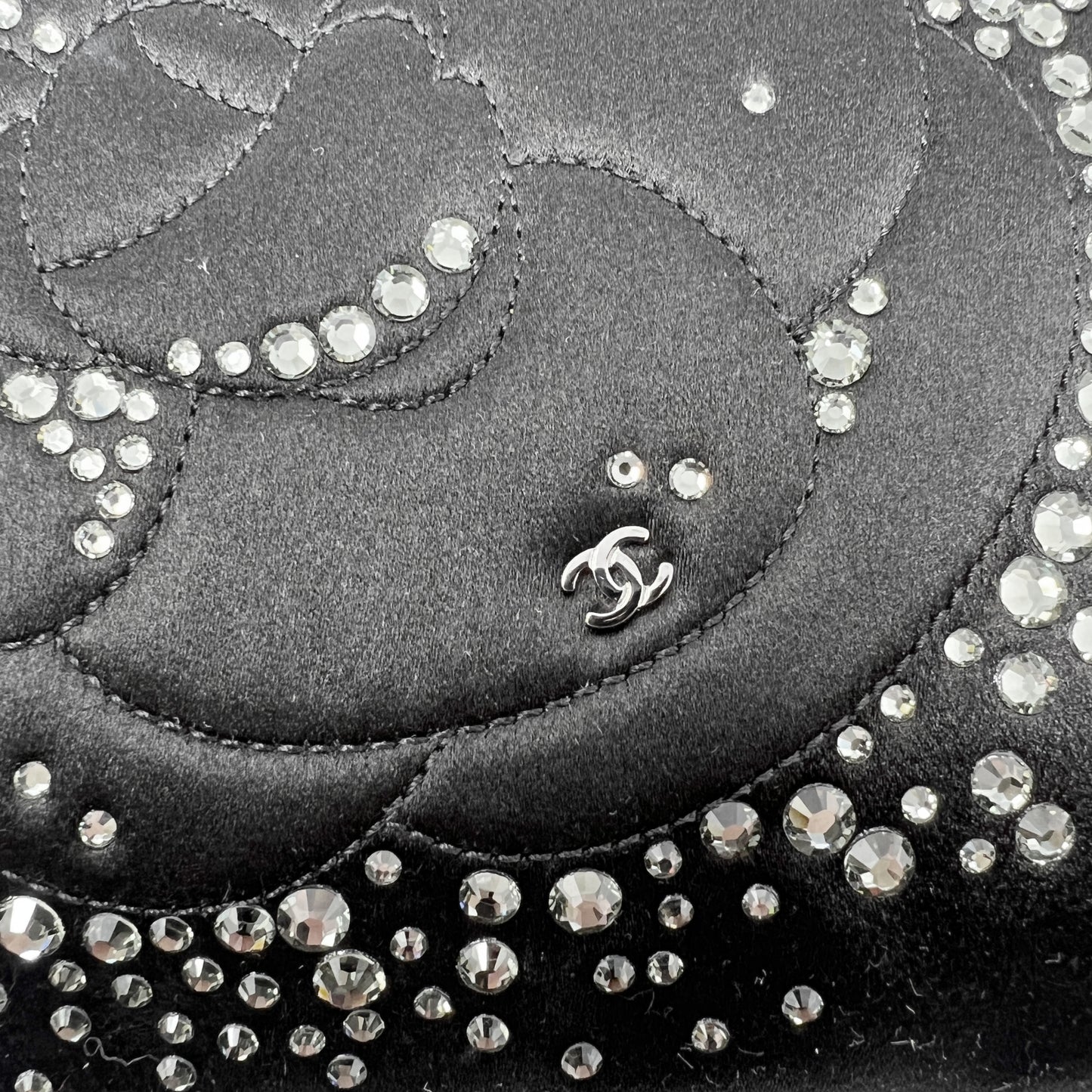 Chanel Camellia Black Satin Swarovski Crystal Embellished Strass Clutch Bag