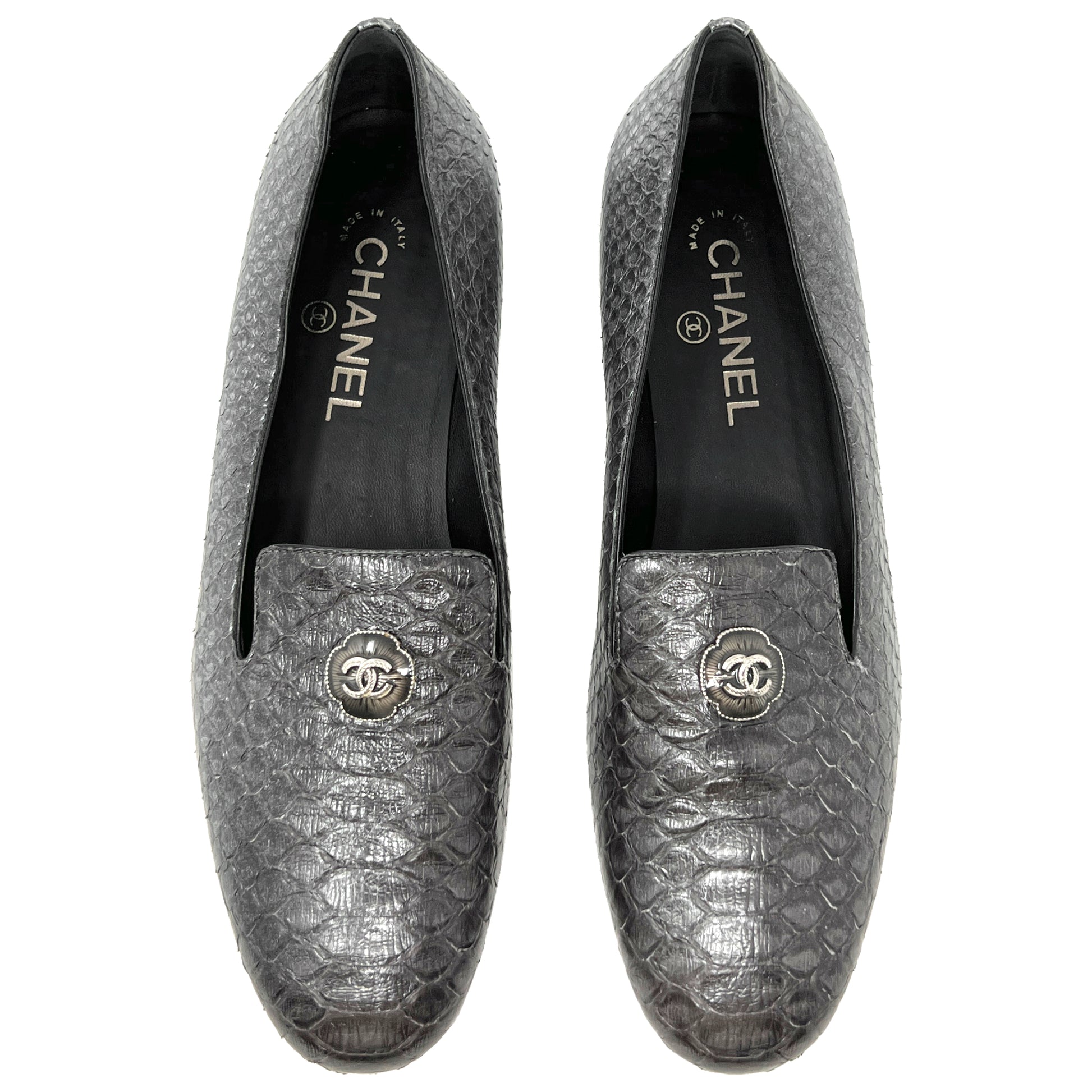 Chanel Grey Python Interlocking Logo Round Toe Flats Slippers Loafers