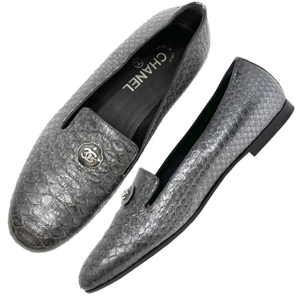 Chanel Grey Python Interlocking Logo Round Toe Flats Slippers Loafers