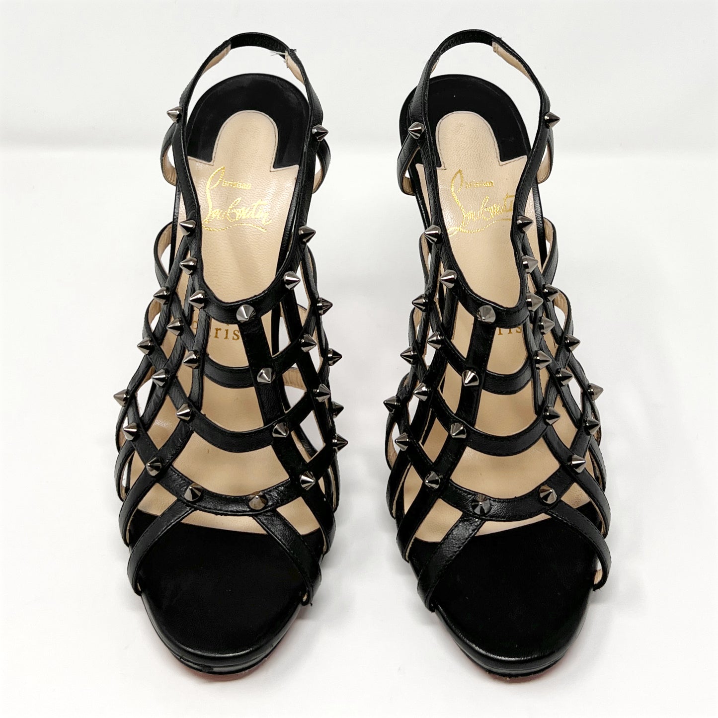 Christian Louboutin Guinievre Black Leather Strap Caged Studded Heels Sandals Size EU 38