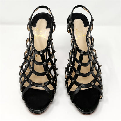 Christian Louboutin Guinievre Black Leather Strap Caged Studded Heels Sandals Size EU 38