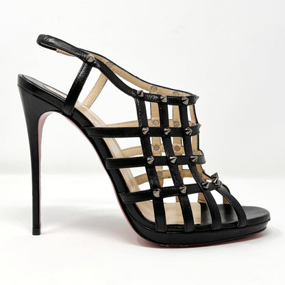 Christian Louboutin Guinievre Black Leather Strap Caged Studded Heels Sandals Size EU 38