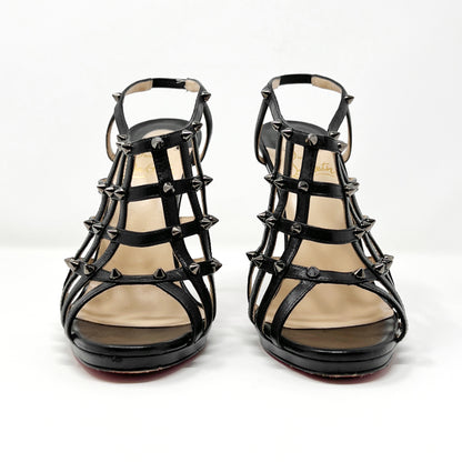 Christian Louboutin Guinievre Black Leather Strap Caged Studded Heels Sandals Size EU 38