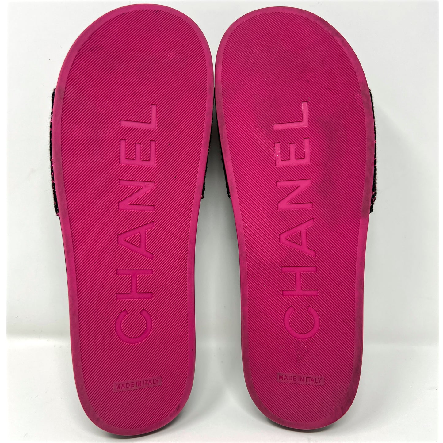 Chanel Pink Tweed Black Camellia Flower Interlocking Logo Flats Sandals Slides Size EU 42