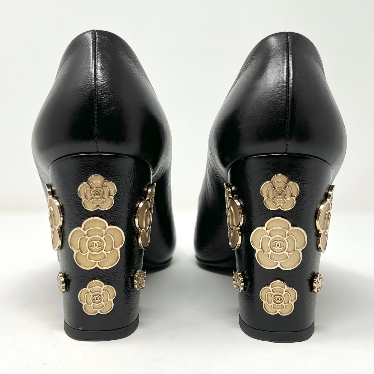 Chanel Black Leather Cap Toe Gold Flower Camellia Interlocking CC Logo Studded Block Heels Pumps
