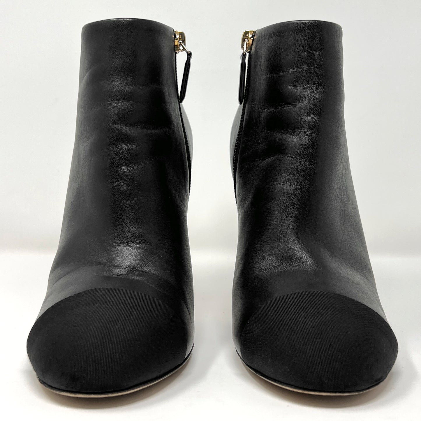 Chanel 2017 Fall Black Leather Grosgrain Cap Toe Metal Pearl Heels Ankle Boots Size EU 40