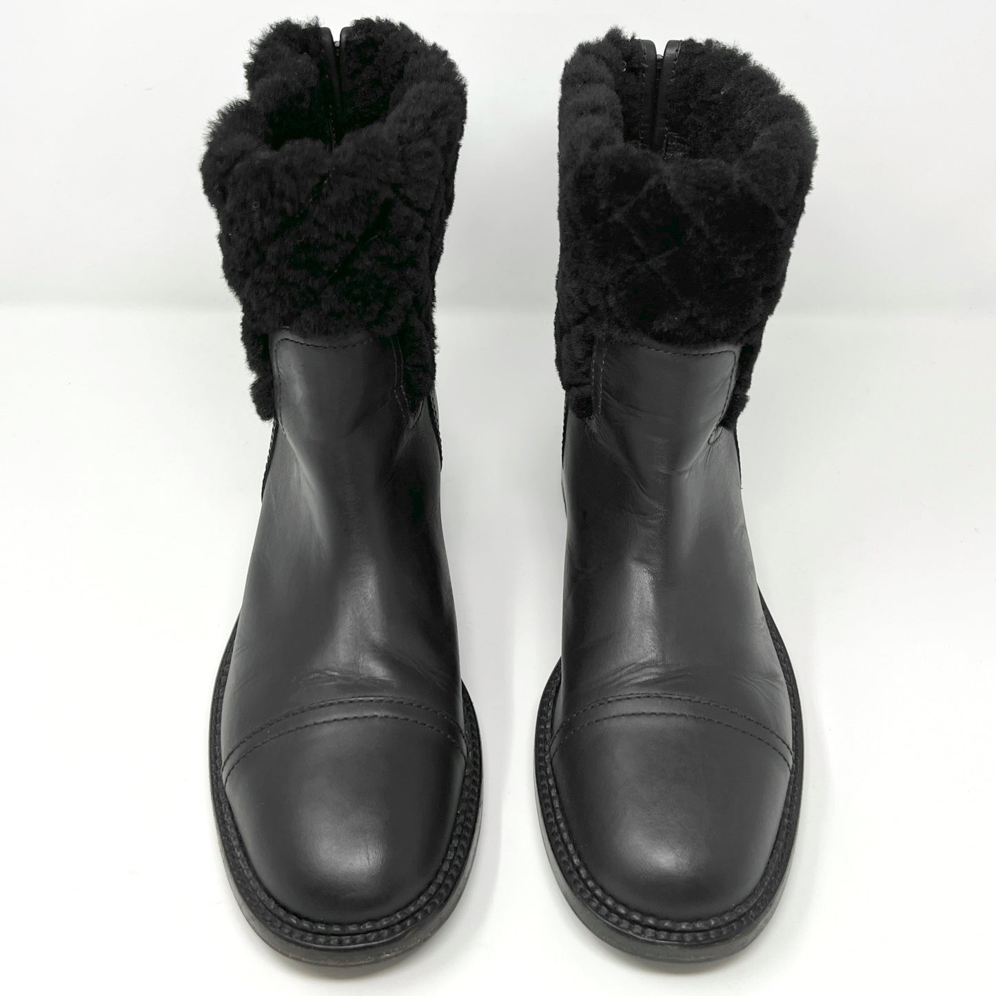 Chanel Black Leather Quilted Shearling Cap Toe Zip Up Mid Calf Lug Sole Boots Size EU 39.5