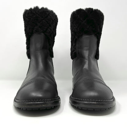 Chanel Black Leather Quilted Shearling Cap Toe Zip Up Mid Calf Lug Sole Boots Size EU 39.5