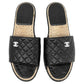Chanel Black Quilted Leather White Interlocking Logo Espadrilles Sandals Mules