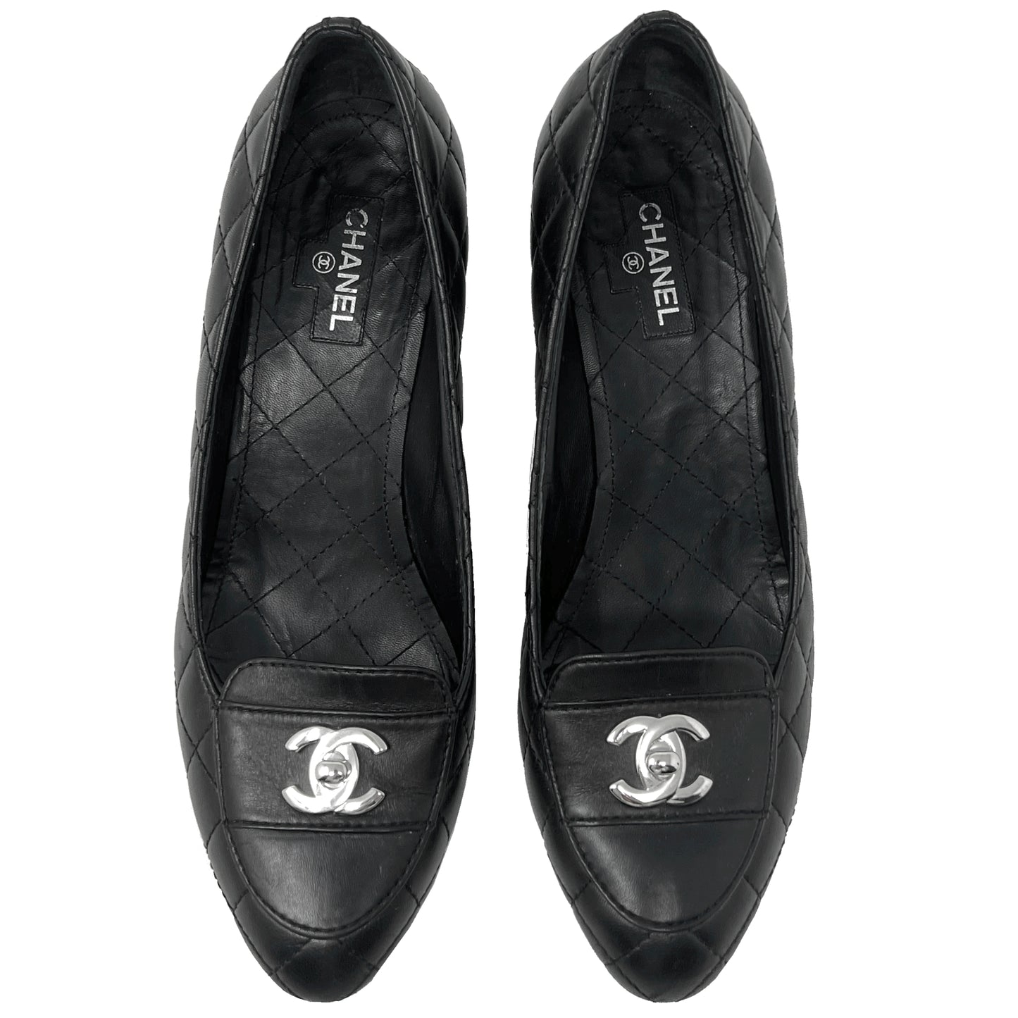 Chanel Black Quilted Matelasse Leather Interlocking Turn Lock Logo Loafer Pumps