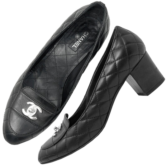 Chanel Black Quilted Matelasse Leather Interlocking Turn Lock Logo Loafer Pumps