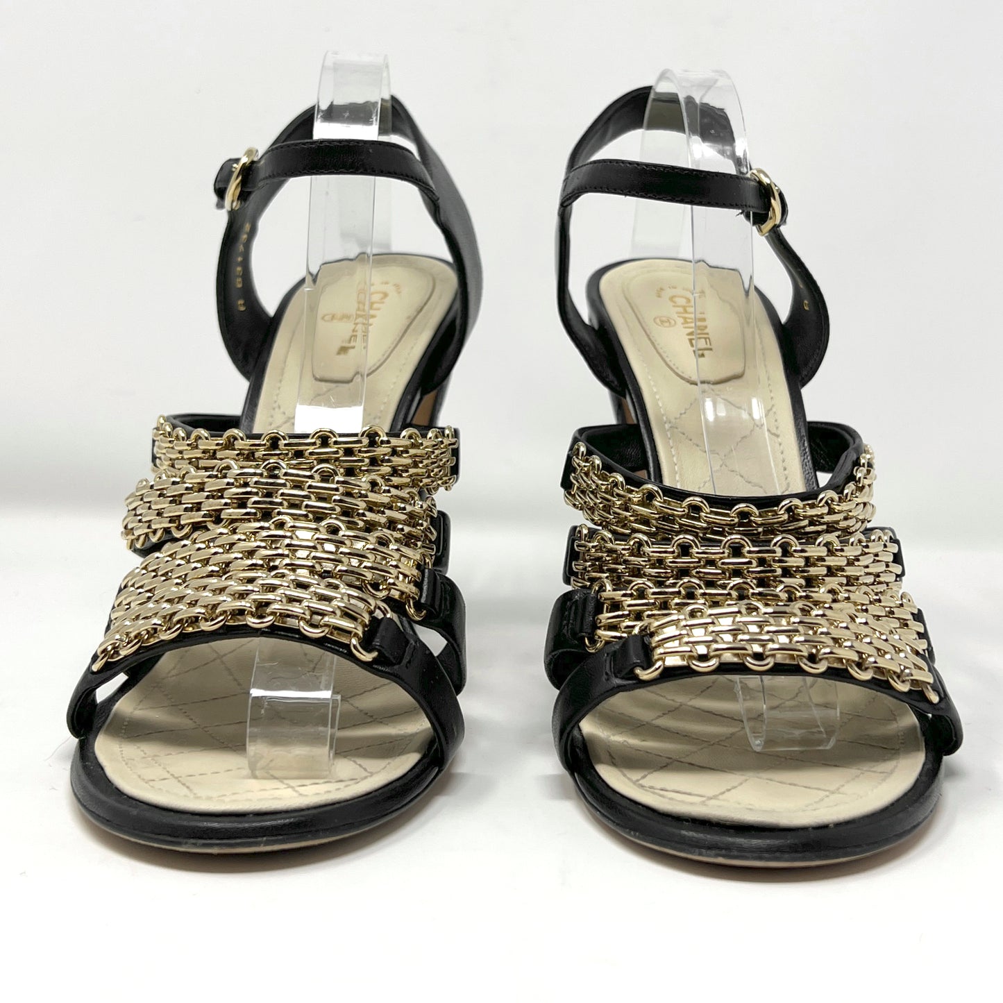 Chanel Black Quilted Leather Gold Chain Detail Pearl CC Logo Sandals Heels Size EU 41