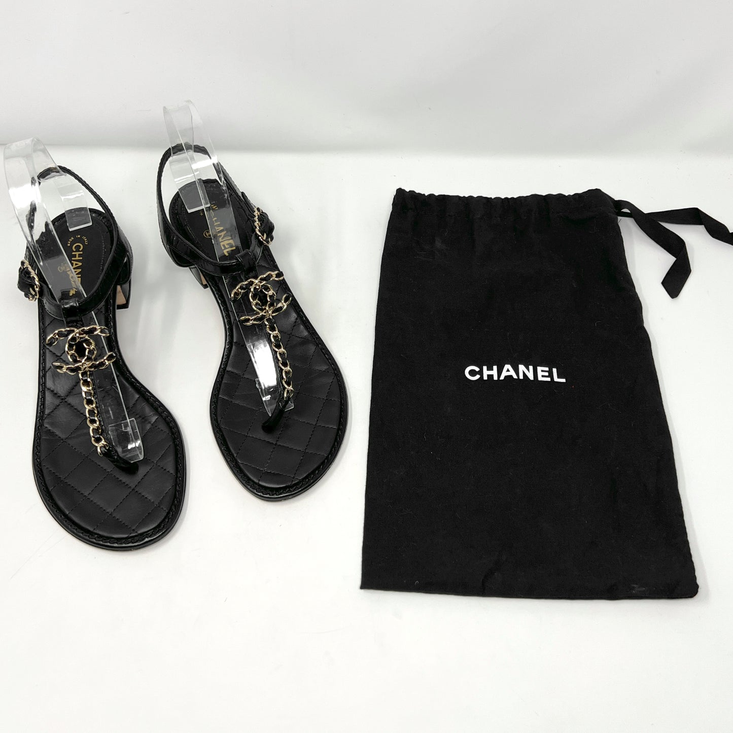 Chanel Black Quilted Matelasse Leather Gold Chain Logo Block Heel Sandals Size EU 38