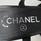 Chanel Black Silver Leather Camellia Flower Logo Ankle Strap High Heels Sandals Size EU 40