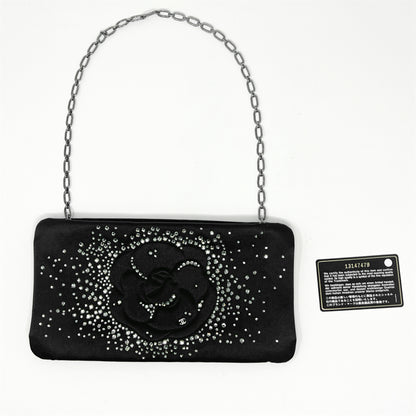 Chanel Camellia Black Satin Swarovski Crystal Embellished Strass Clutch Bag