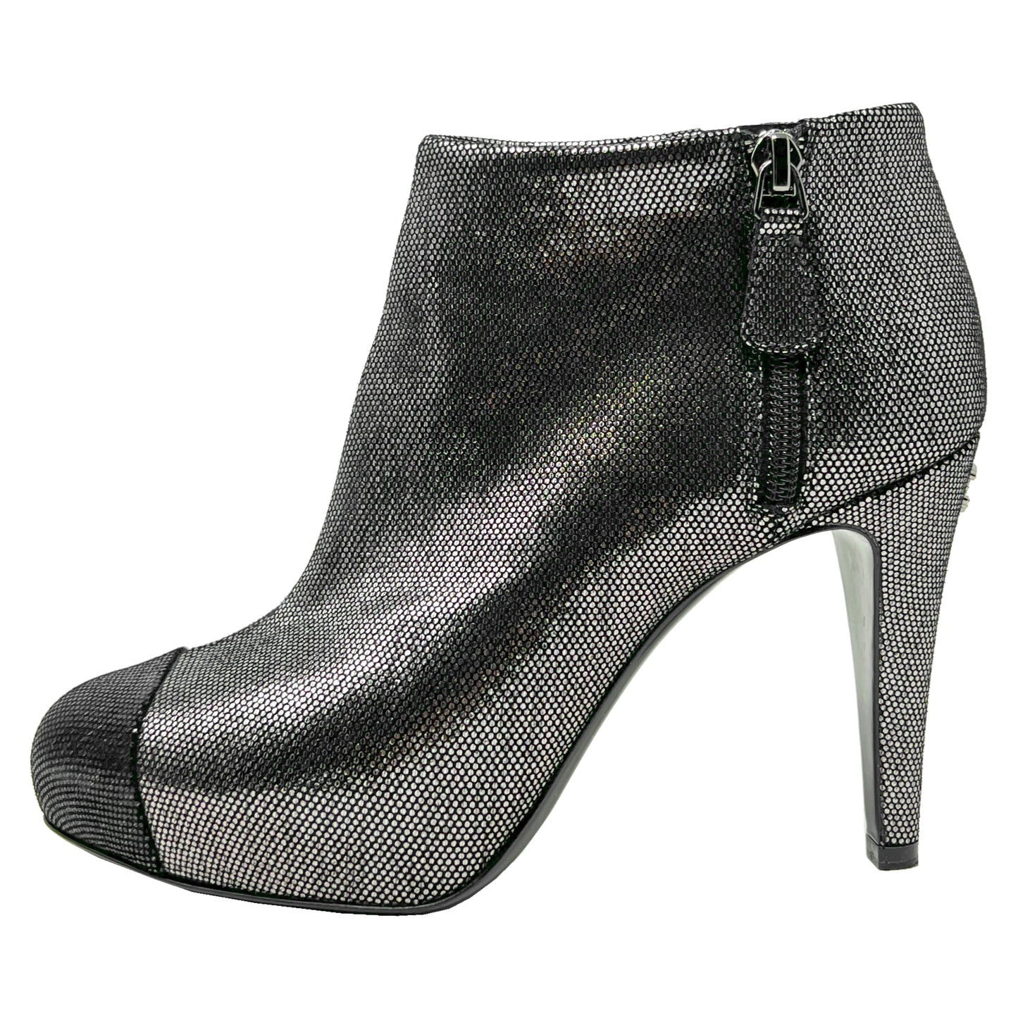 Chanel Cap Toe Silver Metallic Leather Interlocking Logo High Heels Ankle Boots