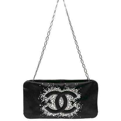 Chanel Diamante Swarovski Crystal Embellished. Black Satin Evening Bag Clutch