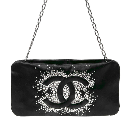 Chanel Diamante Swarovski Crystal Embellished. Black Satin Evening Bag Clutch